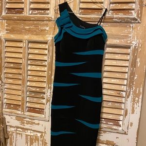One shoulder black and aqua cocktail dress.